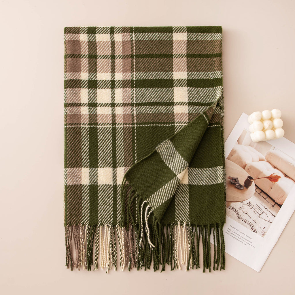 Tartan Check Fringed Blanket Scarf - Green