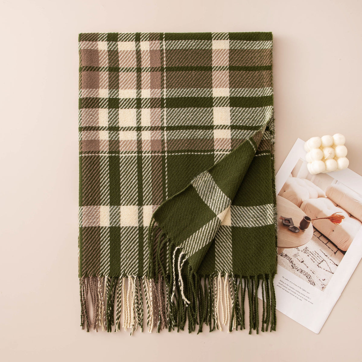 Tartan Check Fringed Blanket Scarf - Green