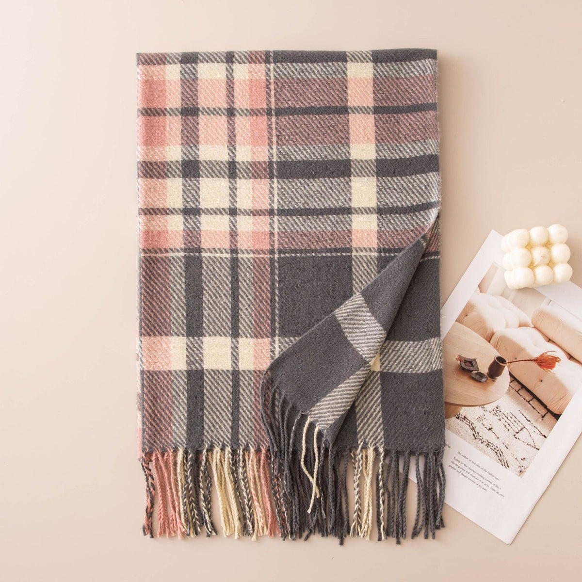 Tartan Check Fringed Blanket Scarf - Grey_Pink