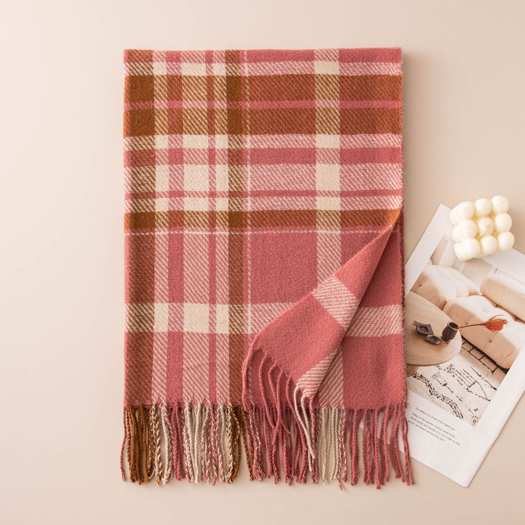 Tartan Check Fringed Blanket Scarf - Pink