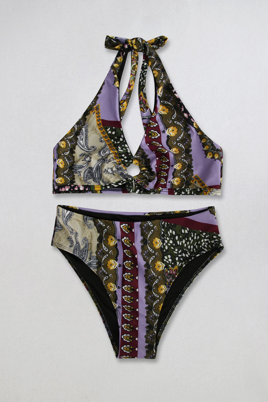 Baroque Paisley Print Halter Bikini Set - Purple - 3
