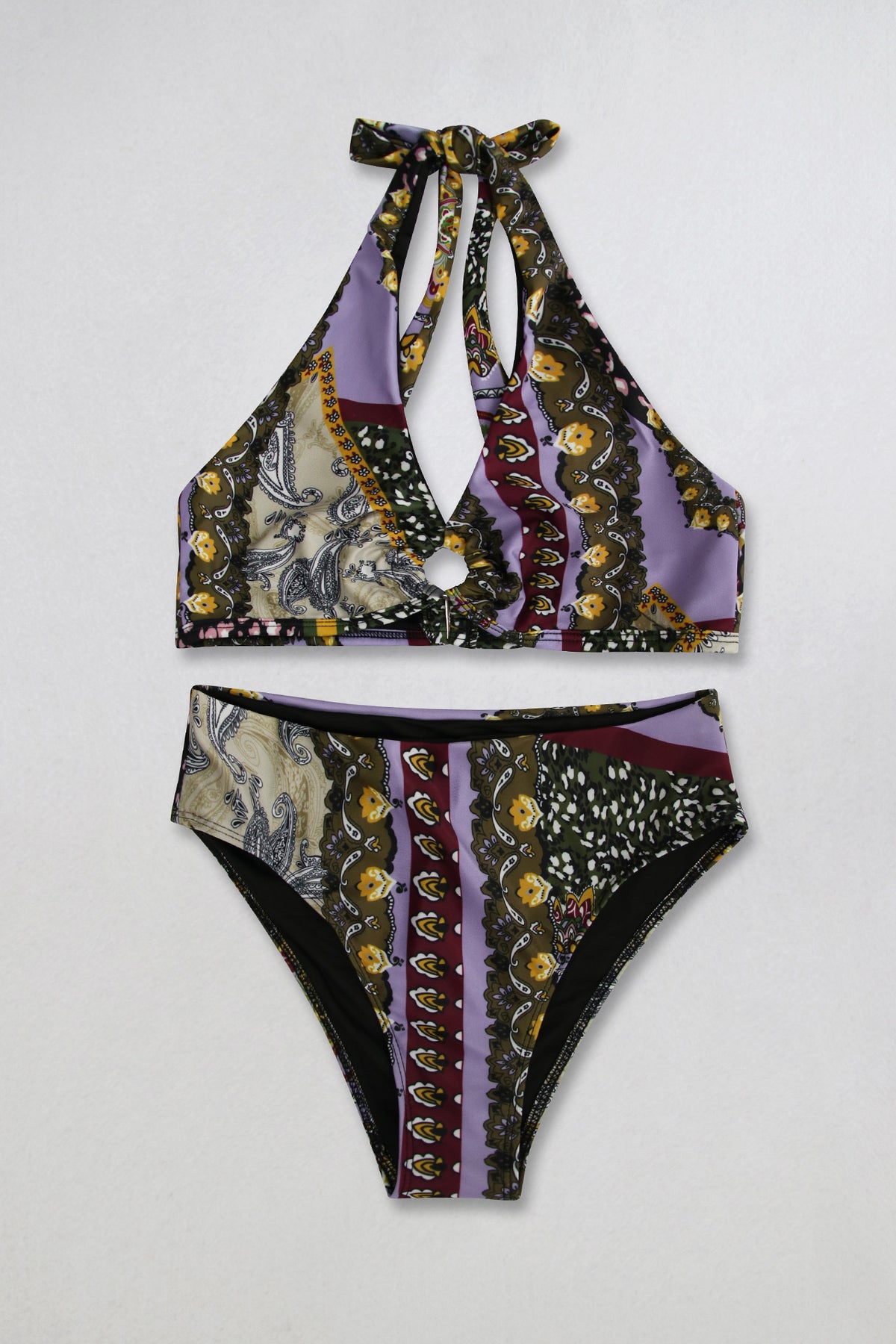 Baroque Paisley Print Halter Bikini Set - Purple - 3
