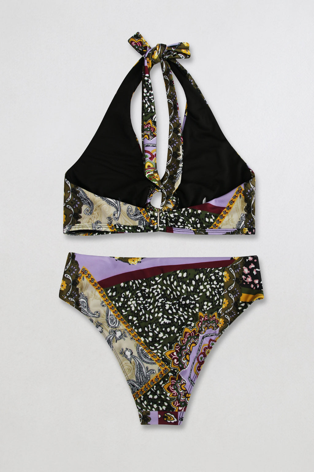 Baroque Paisley Print Halter Bikini Set - Purple - 4