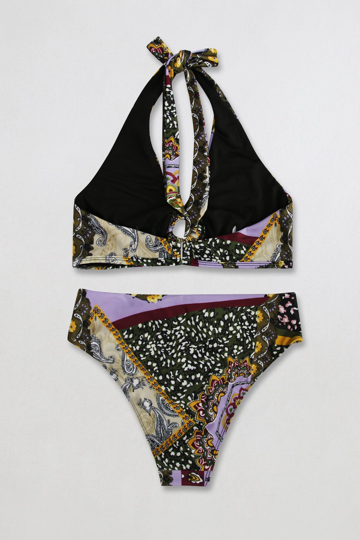Baroque Paisley Print Halter Bikini Set - Purple - 4