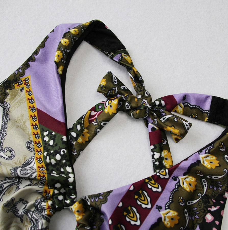 Baroque Paisley Print Halter Bikini Set - Purple - 5