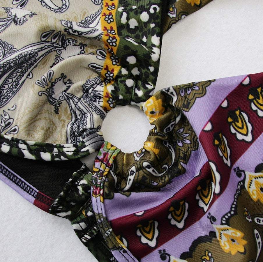 Baroque Paisley Print Halter Bikini Set - Purple - 6