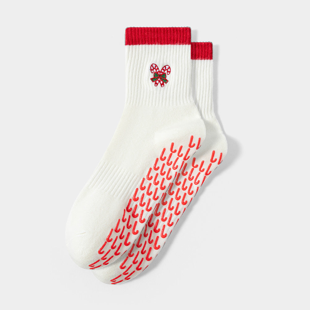 Candy Cane Embroidered Holiday Grip Socks - Cane