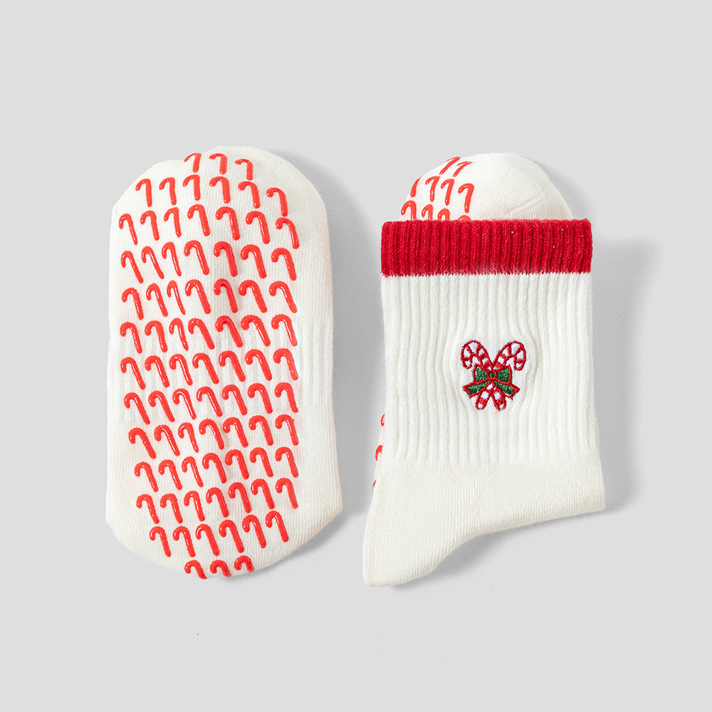 Candy Cane Embroidered Holiday Grip Socks - Cane - 2