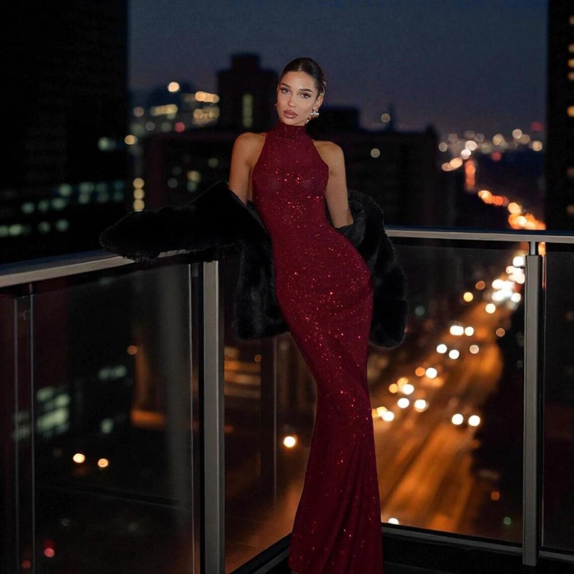 Glitter Knit Mock Neck Bodycon Maxi Dress