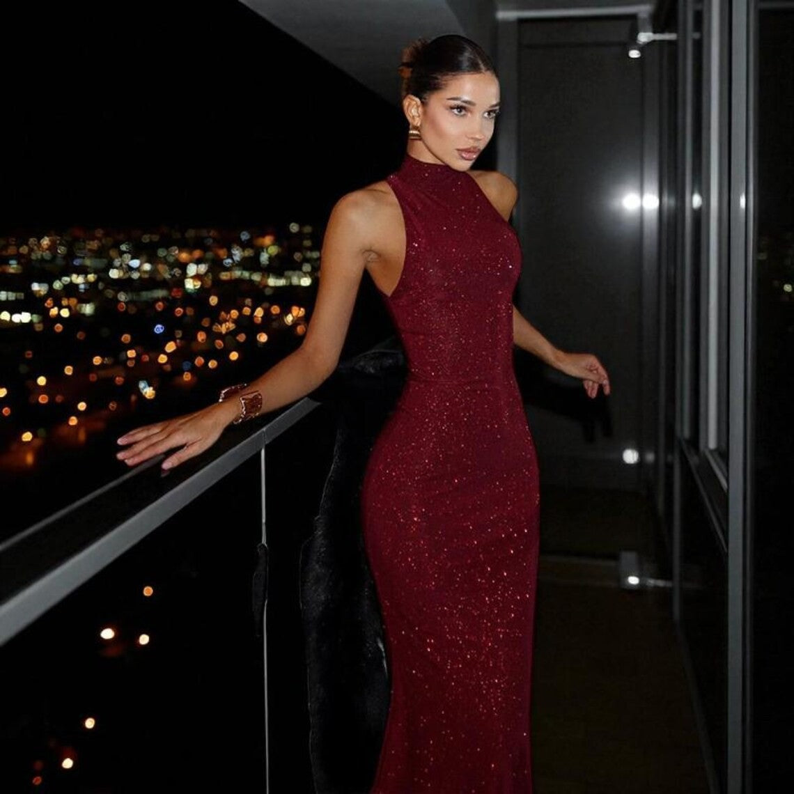Glitter Knit Mock Neck Bodycon Maxi Dress