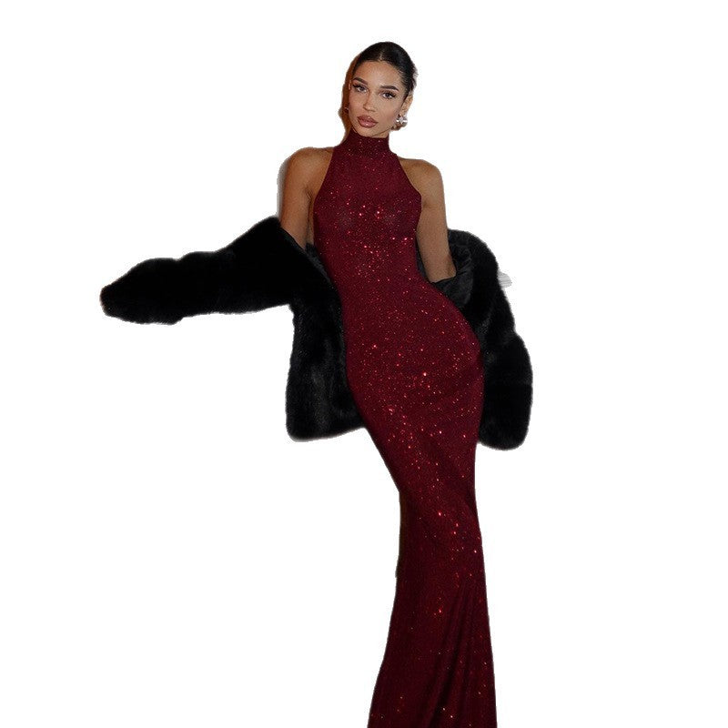 Glitter Knit Mock Neck Bodycon Maxi Dress