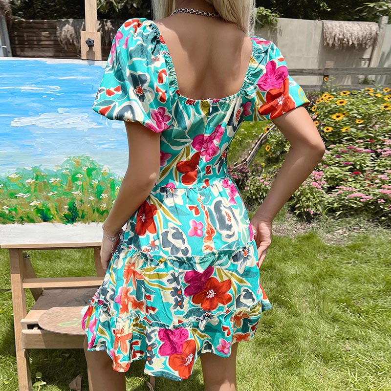 Vibrant Floral Puff Sleeve Tiered Mini Dress - Green - 2