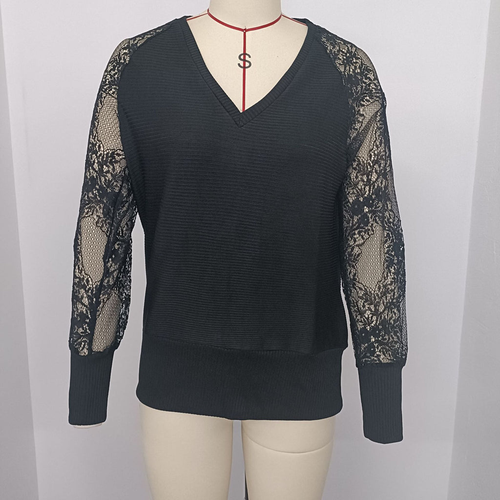 Lace Sleeve V Neck Knit Top - Black