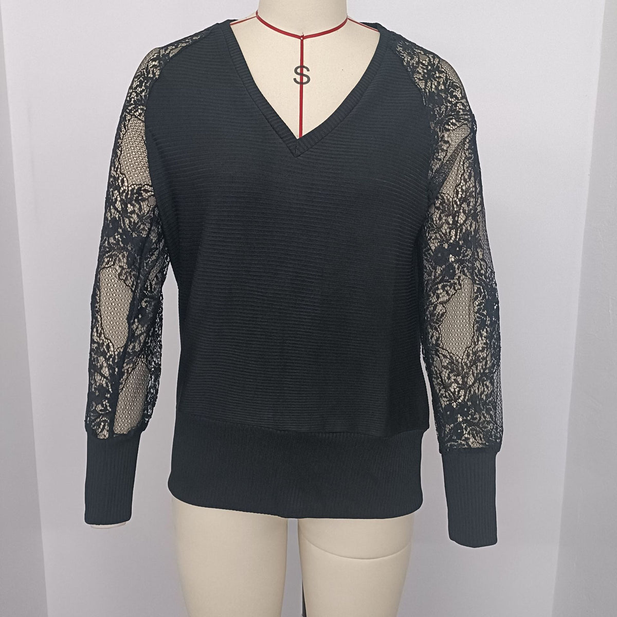 Lace Sleeve V Neck Knit Top - Black