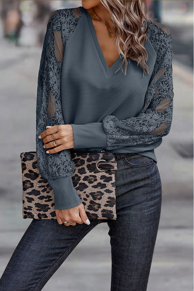 Lace Sleeve V Neck Knit Top - Darkgrey - 1