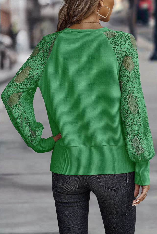 Lace Sleeve V Neck Knit Top - Green - 1