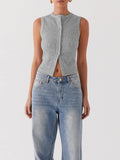 Fitted Rib Knit Buttoned Tank Top - Grey