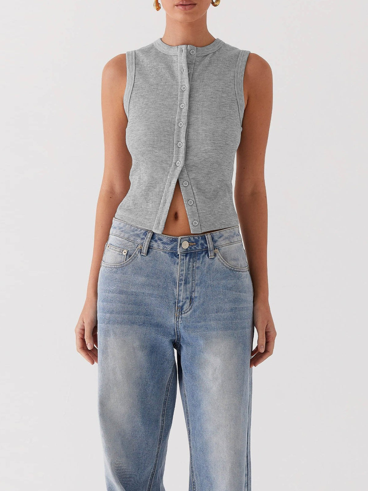 Fitted Rib Knit Buttoned Tank Top - Grey