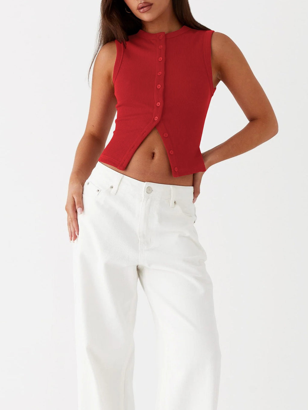 Fitted Rib Knit Buttoned Tank Top - Red
