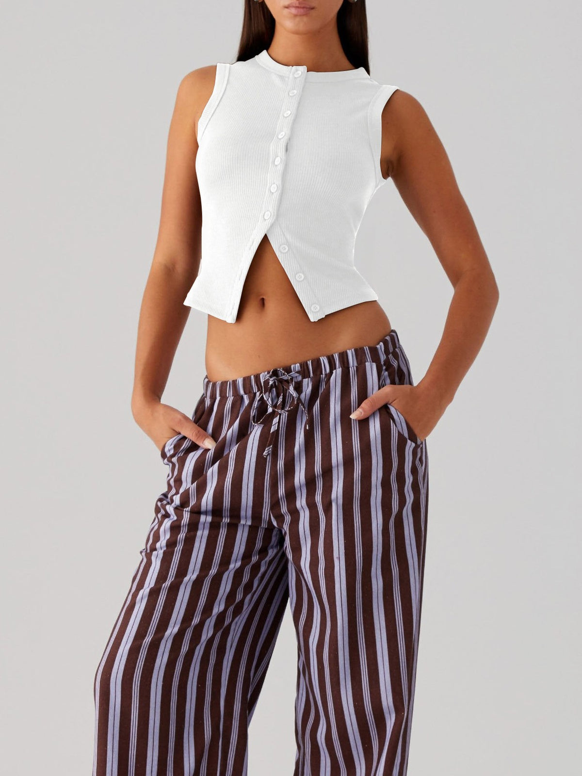 Fitted Rib Knit Buttoned Tank Top - White