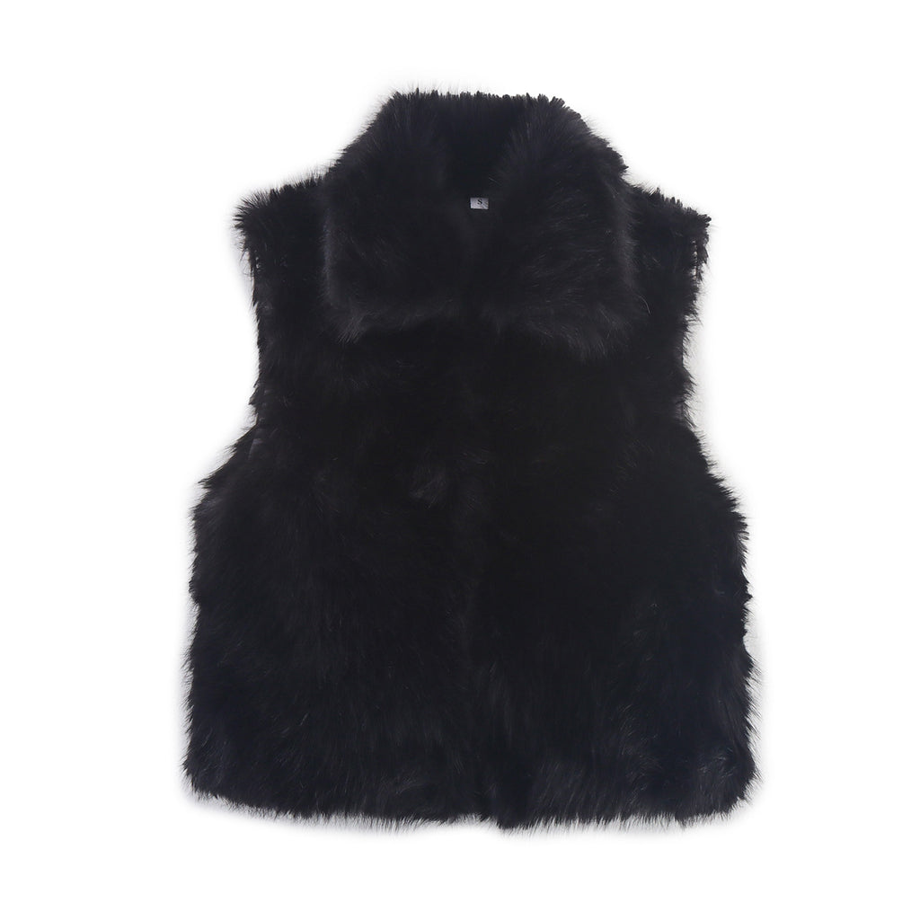 Faux Fur Collared Cropped Gilet Vest - Black
