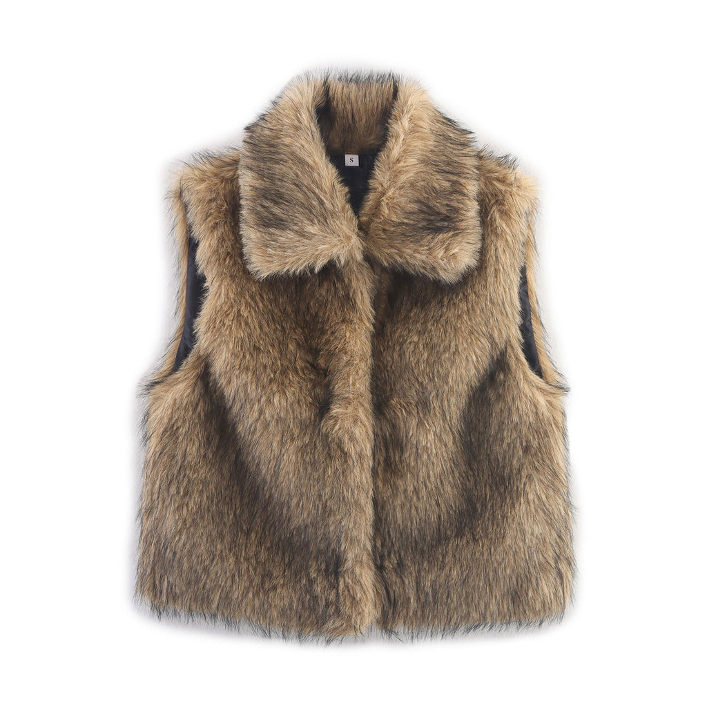 Faux Fur Collared Cropped Gilet Vest - Brown