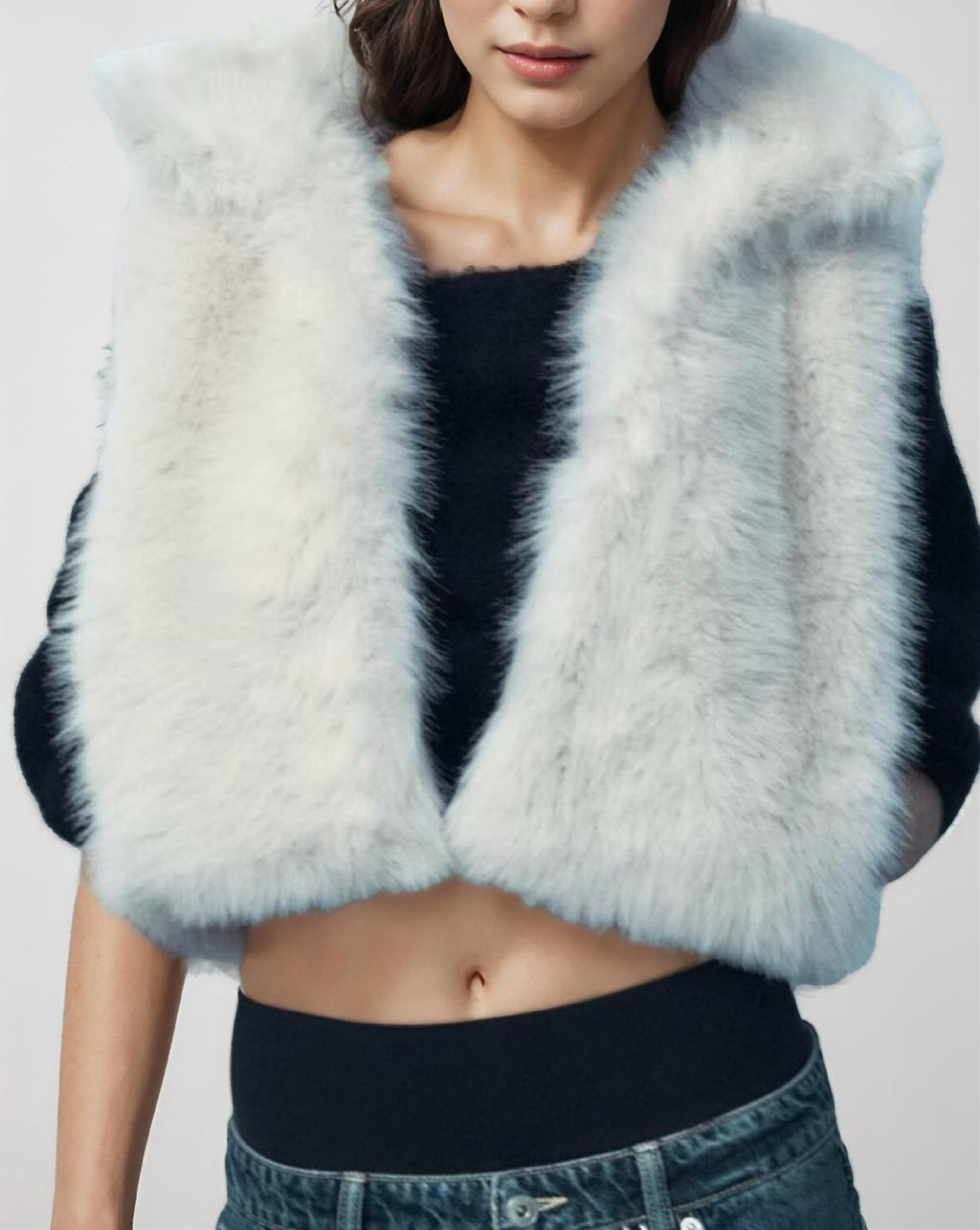 Faux Fur Collared Cropped Gilet Vest - GrayWhite