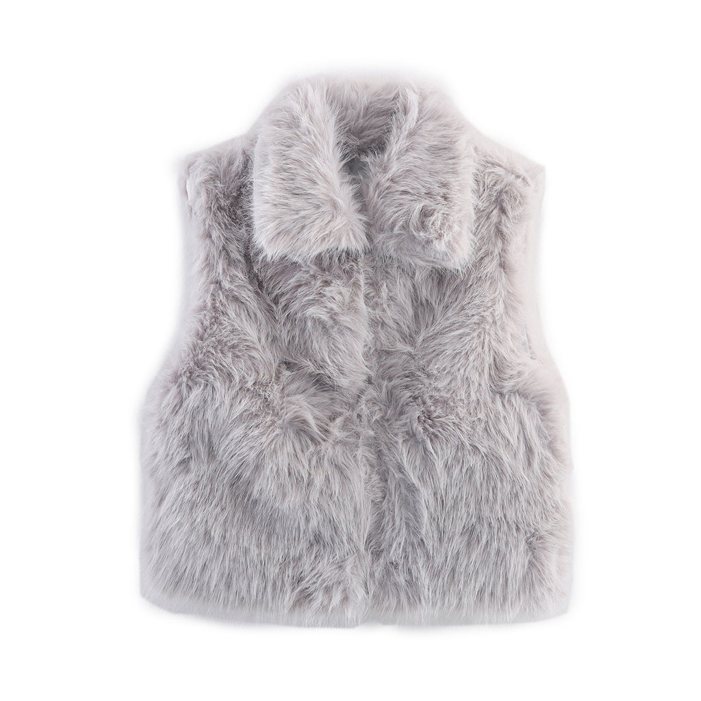 Faux Fur Collared Cropped Gilet Vest - Grey