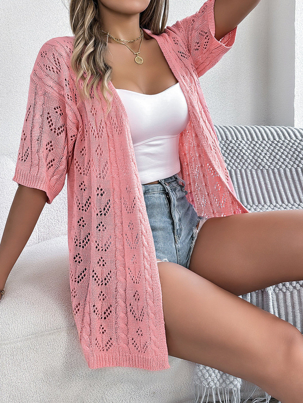 Pointelle Knit Open Front Beach Cardigan - Pink