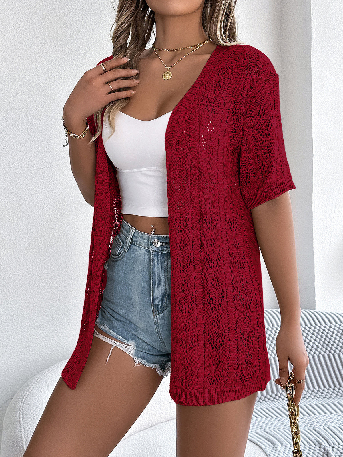 Pointelle Knit Open Front Beach Cardigan - Winered
