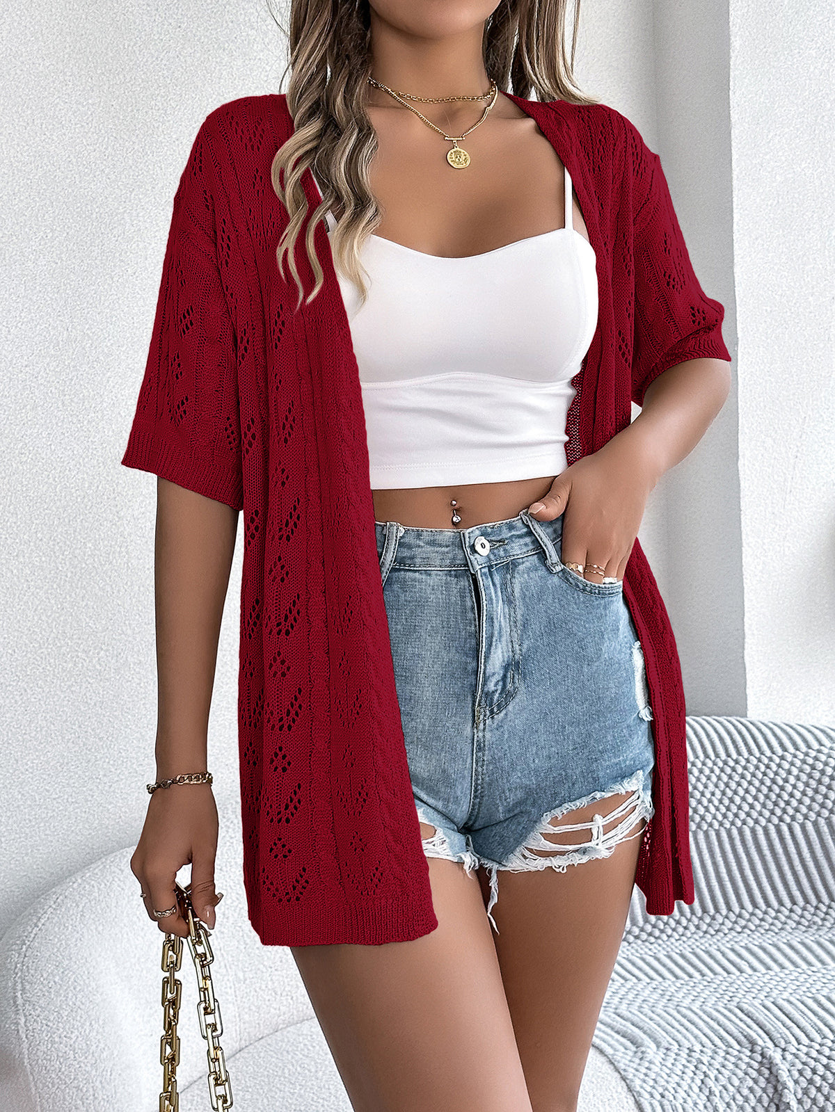 Pointelle Knit Open Front Beach Cardigan - Winered - 1