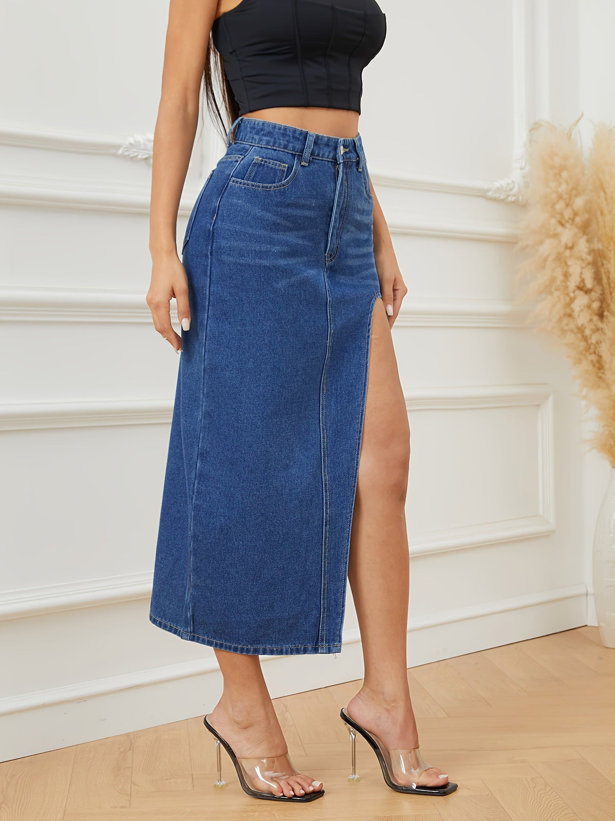 High Waist Front Slit Denim Midi Skirt - Deepblue - 1