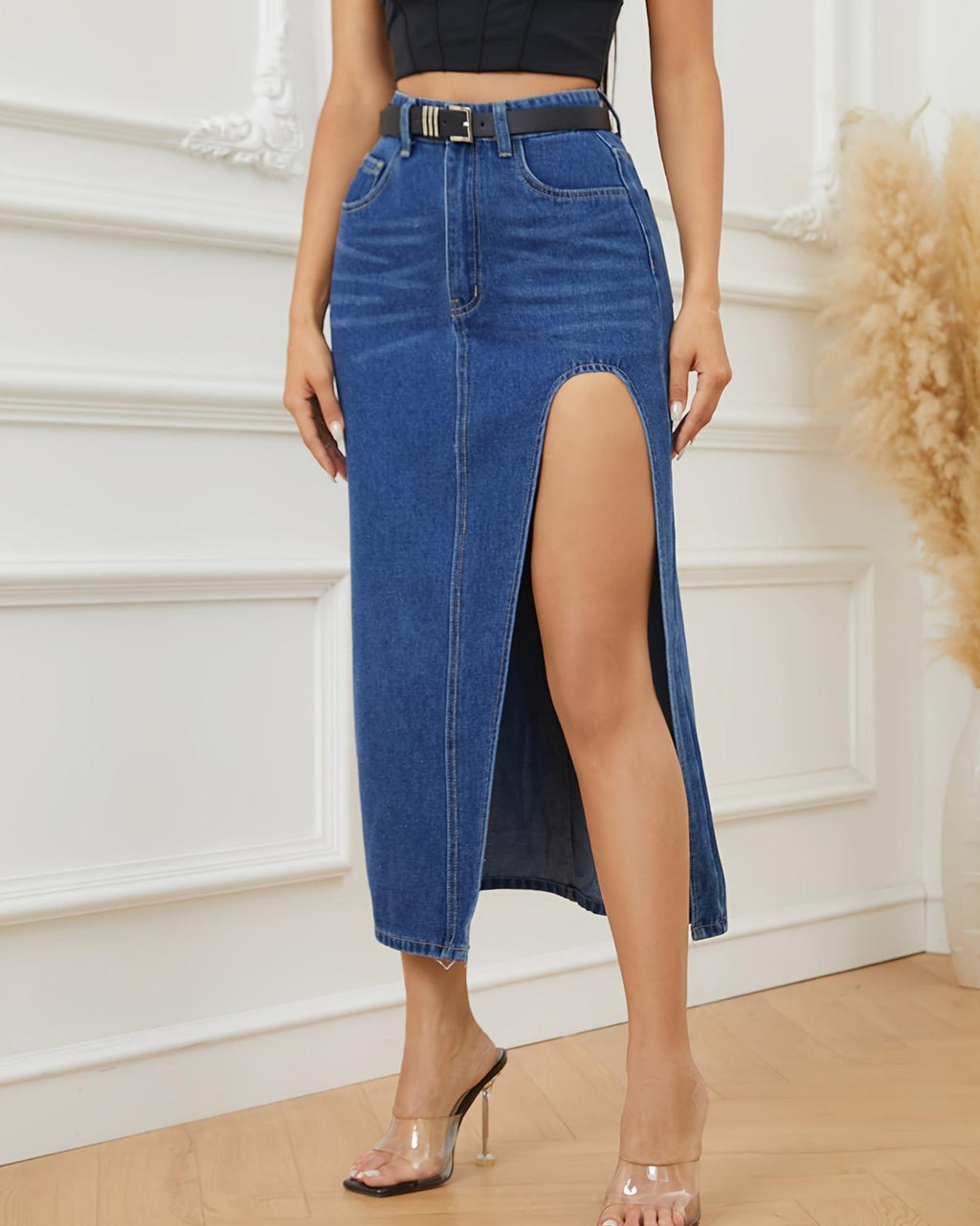 High Waist Front Slit Denim Midi Skirt - Deepblue - 4