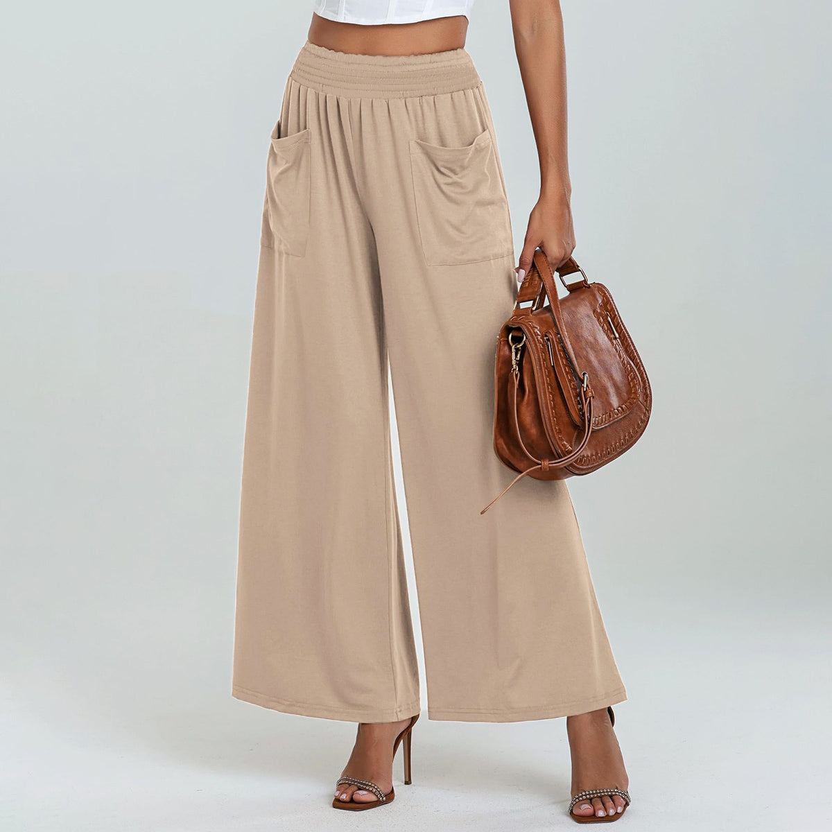 Elastic Waist Wide Leg Palazzo Pants - Beige
