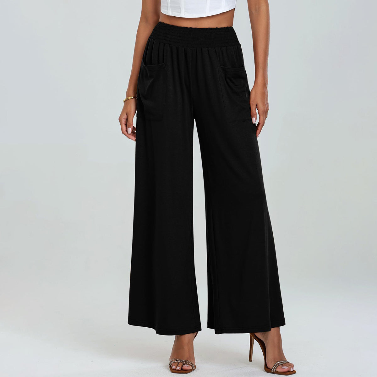 Elastic Waist Wide Leg Palazzo Pants - Black
