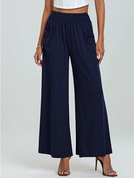 Elastic Waist Wide Leg Palazzo Pants - Blue