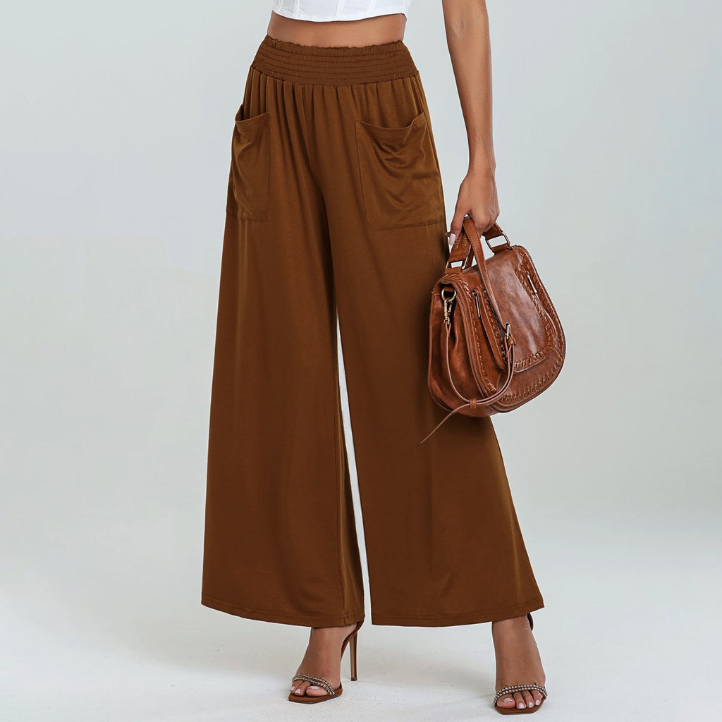 Elastic Waist Wide Leg Palazzo Pants - Brown