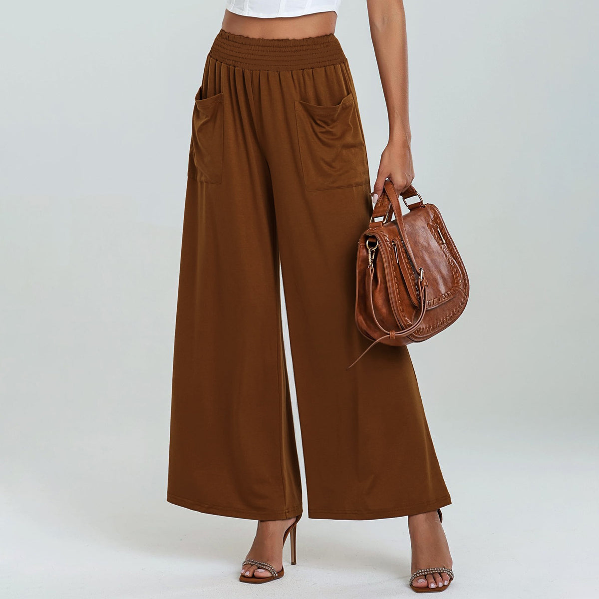 Elastic Waist Wide Leg Palazzo Pants - Brown