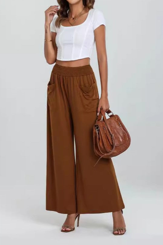 Elastic Waist Wide Leg Palazzo Pants - Brown - 1