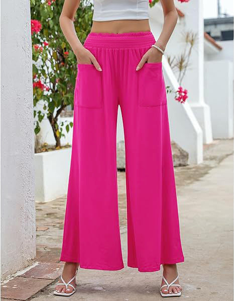 Elastic Waist Wide Leg Palazzo Pants - Fuchsia