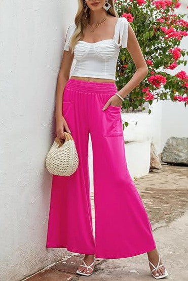Elastic Waist Wide Leg Palazzo Pants - Fuchsia - 1