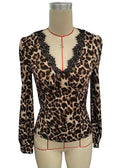 Lace Trim V Neck Animal Print Blouse - Coffee