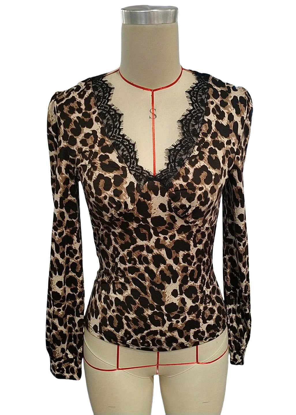 Lace Trim V Neck Animal Print Blouse - Coffee