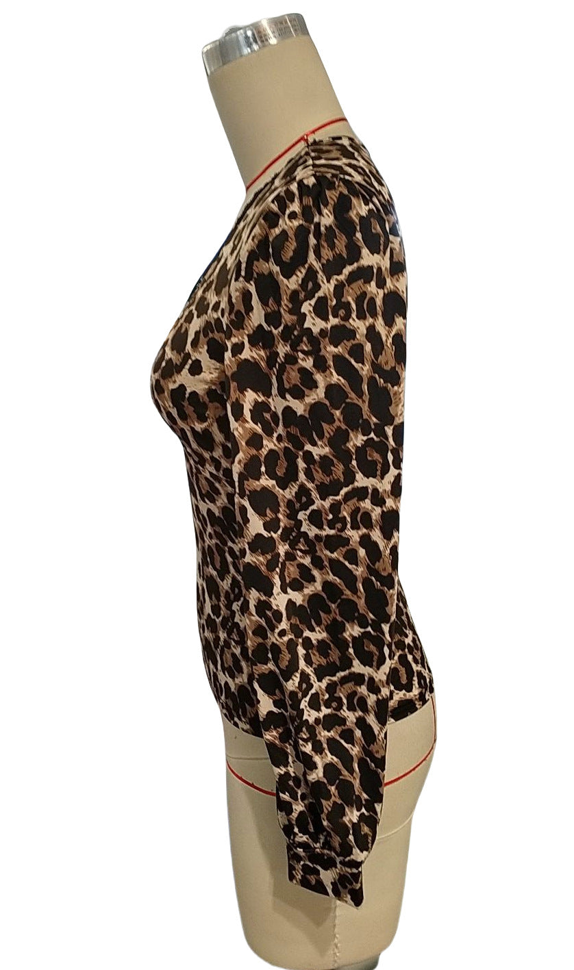 Lace Trim V Neck Animal Print Blouse - Coffee - 1