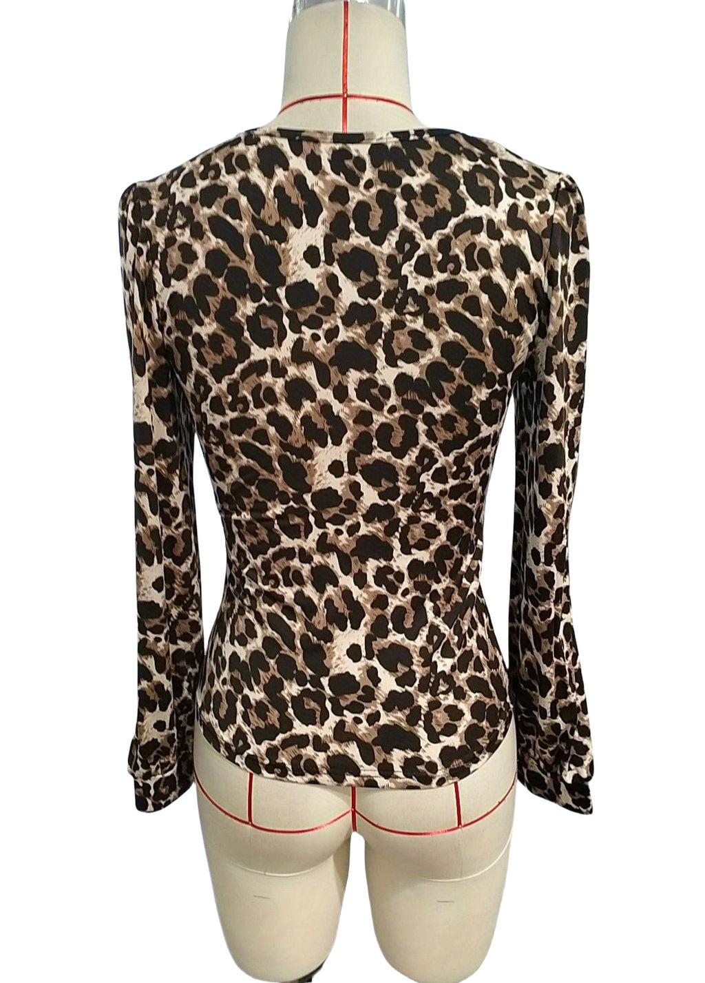 Lace Trim V Neck Animal Print Blouse - Coffee - 5