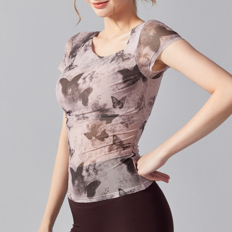 Butterfly Print Mesh Ruched Fitted Workout Tee