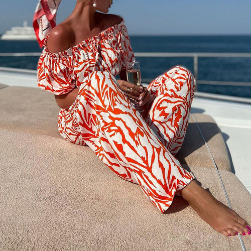 Abstract Print Bandeau Top and Trouser Set - Orange