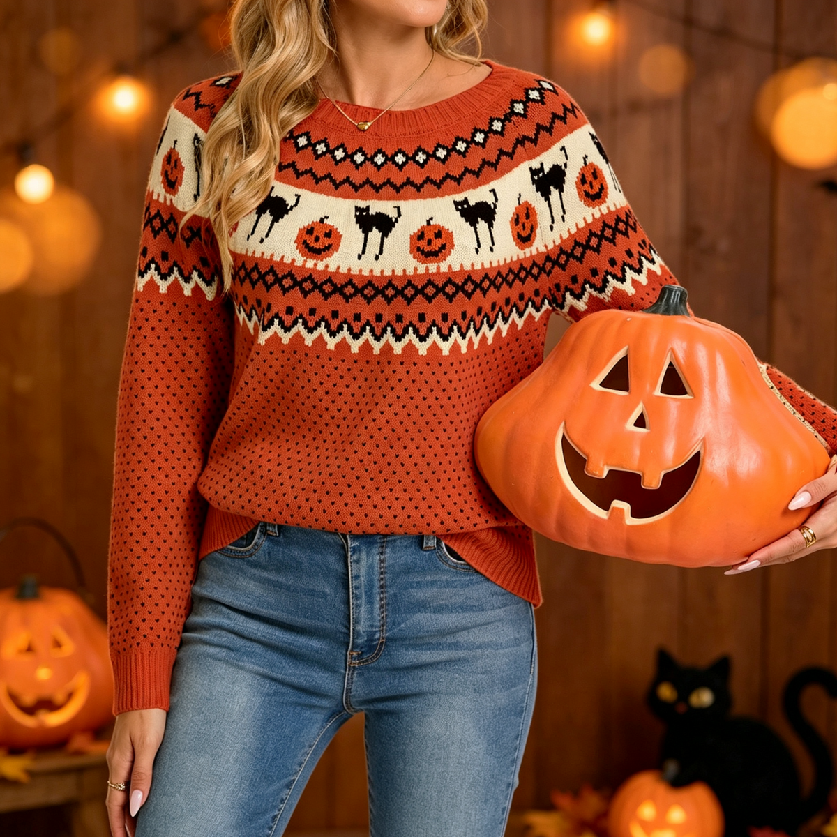 Halloween Cat Fair Isle Knit Sweater - Orange