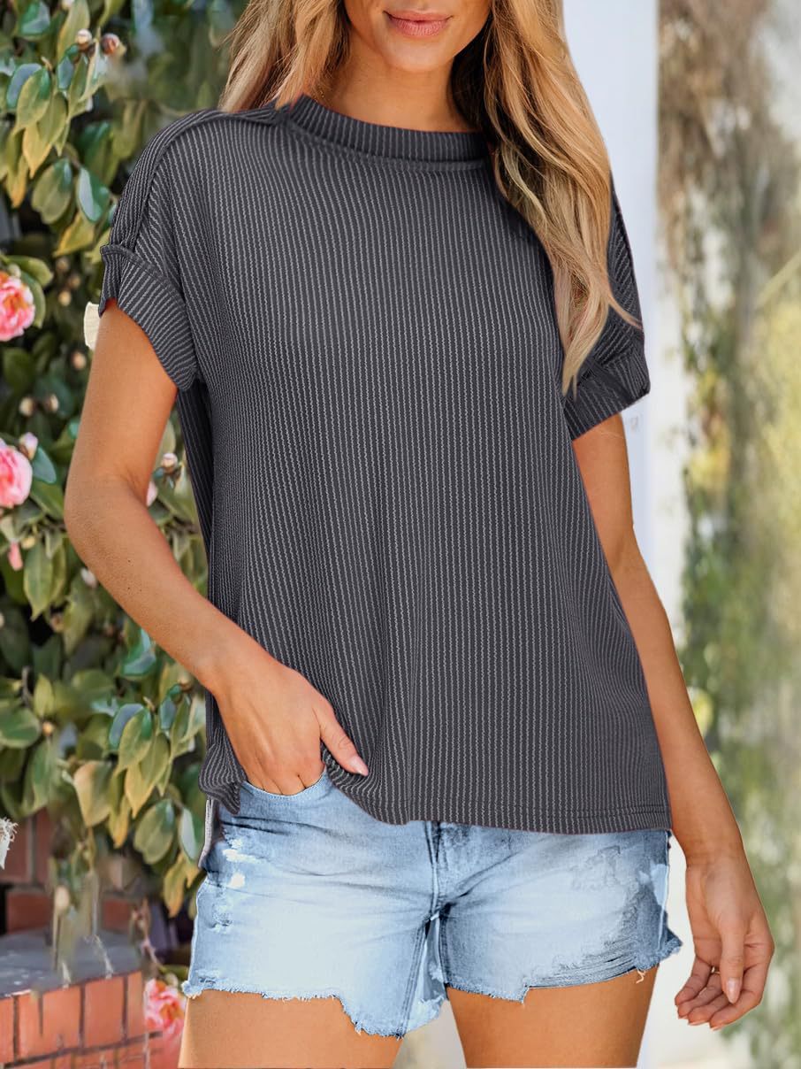 Textured Rib Round Neck Short Sleeve Top - DarkGray