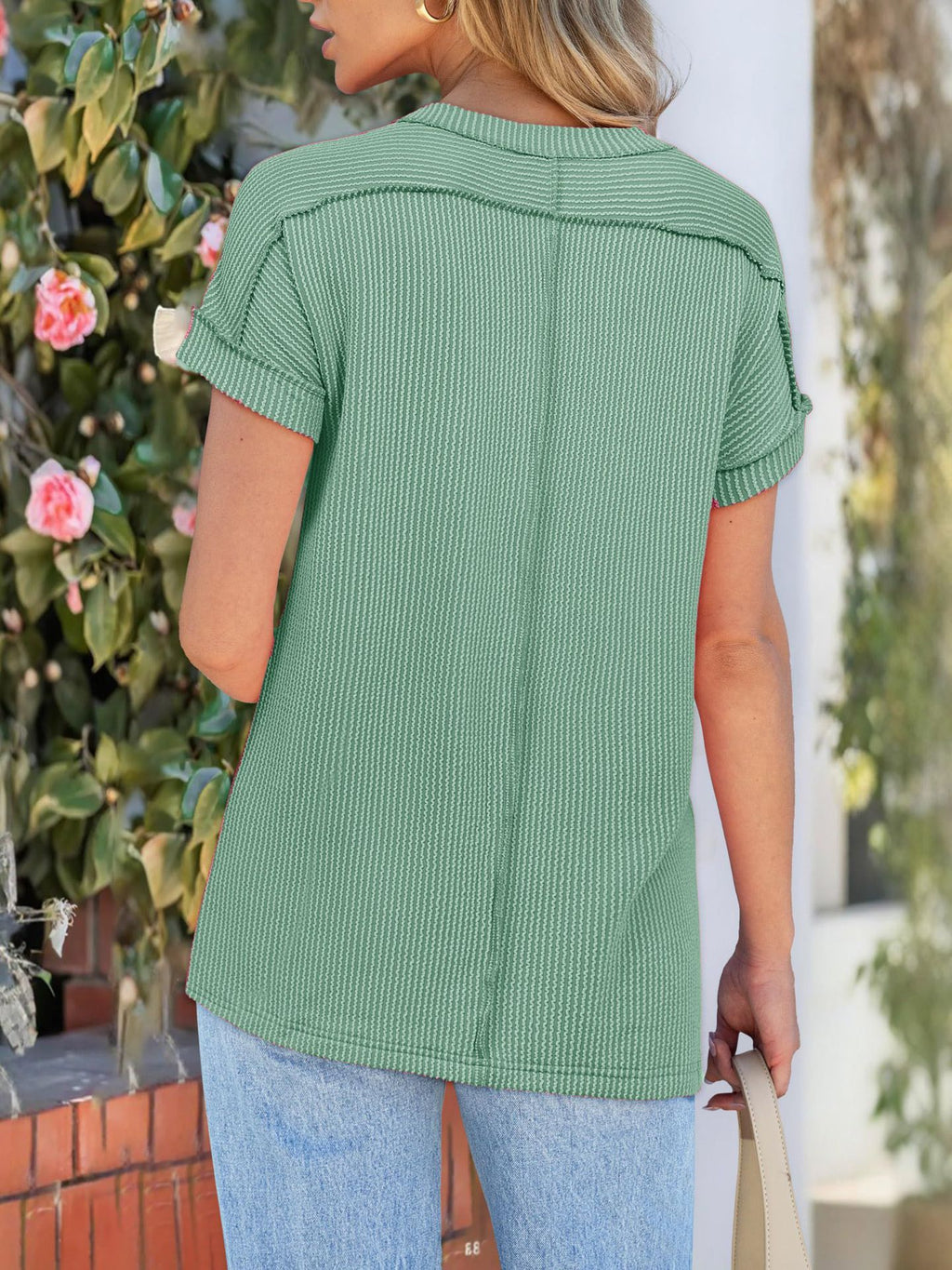 Textured Rib Round Neck Short Sleeve Top - Green - 2
